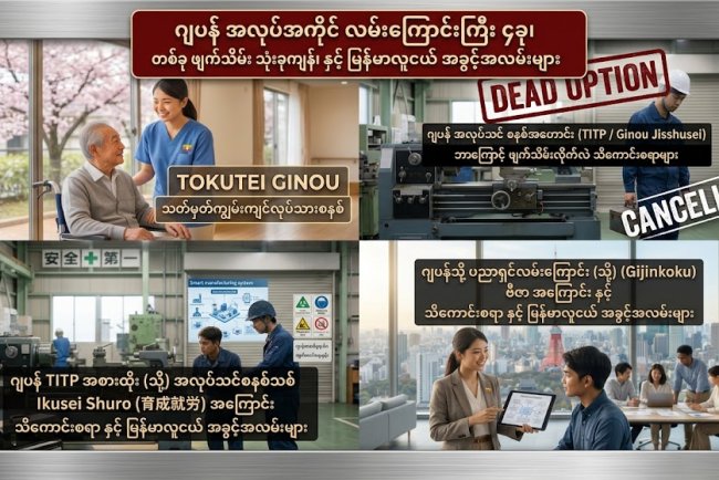 ဂျပန် အလုပ်အကိုင် လမ်းကြောင်းကြီး ၄ခု၊  တစ်ခု ဖျက်သိမ်း သုံးခုကျန်၊ နှင့် မြန်မာလူငယ် အခွင့်အလမ်းများ